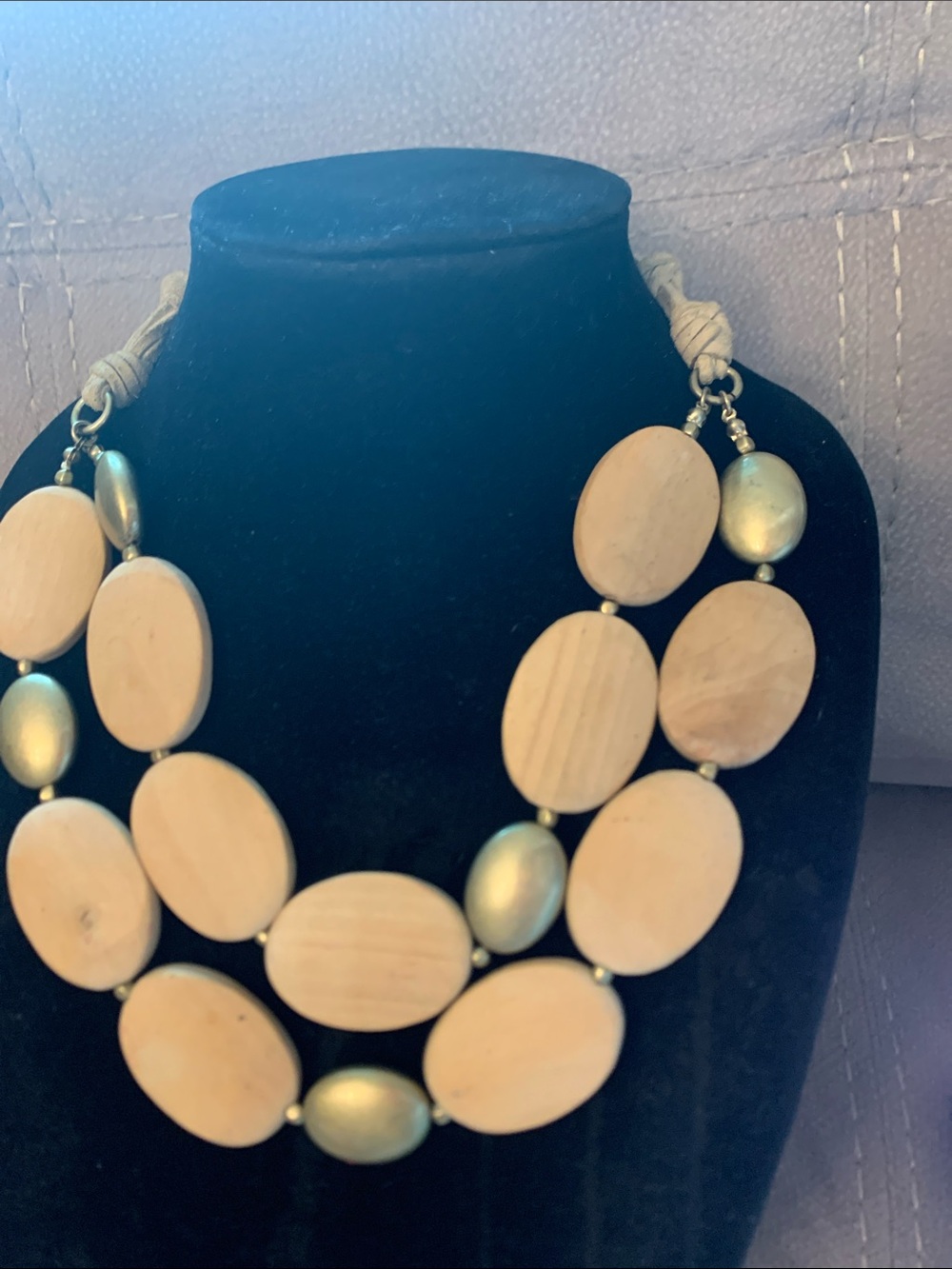 Vintage Cream Wood and Gold-Tone Double Strand Necklace